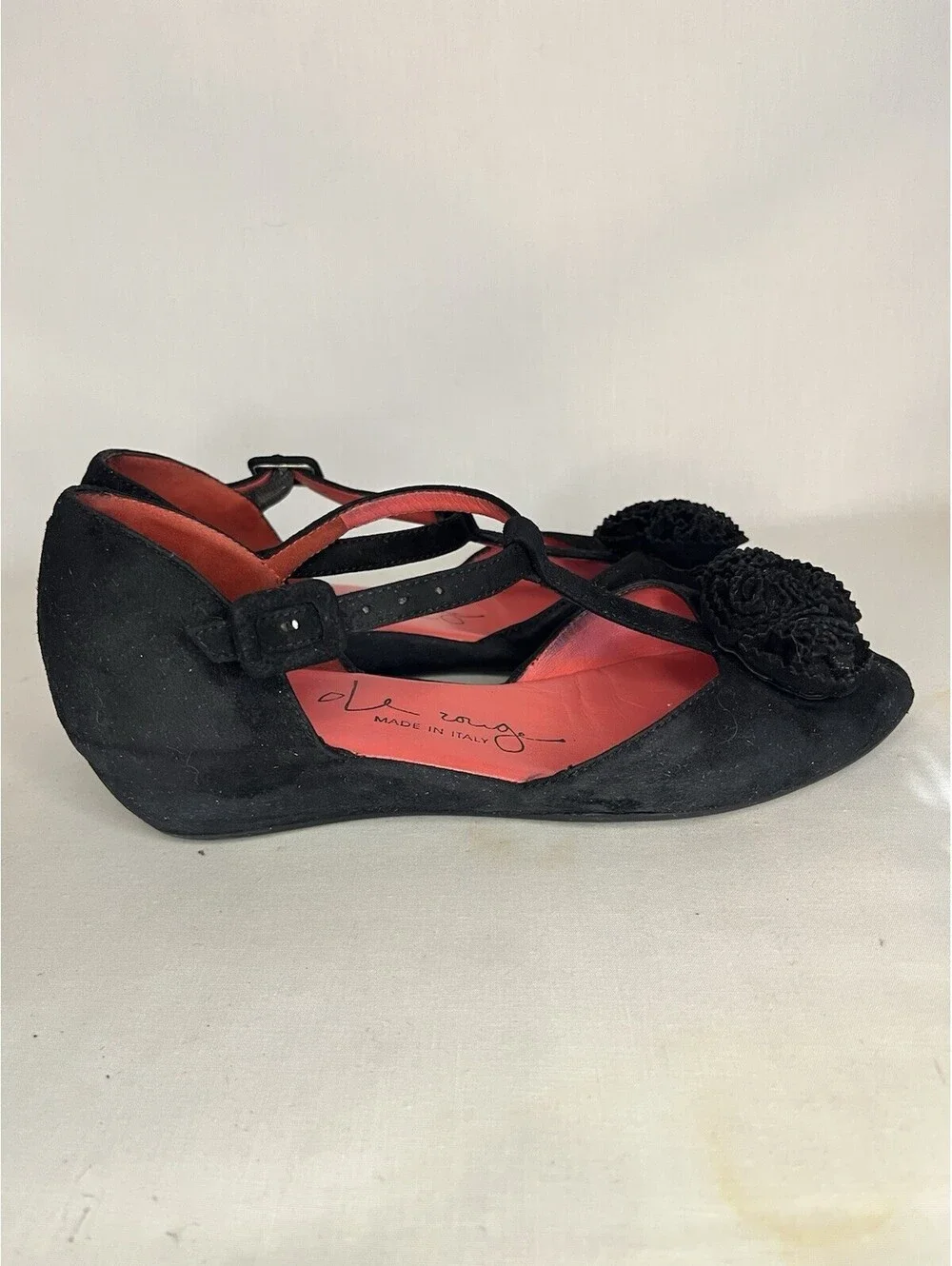 Pas De Rouge Italy Black Suede Wedge Open Toe Rosette Womens Sandal Sz 36 US 6